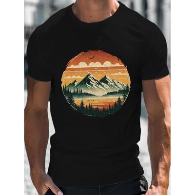 Mountain Landscape Graphic Tee Men Loose Fit Short Sleeve Casual Breathable Cotton T-Shirt
