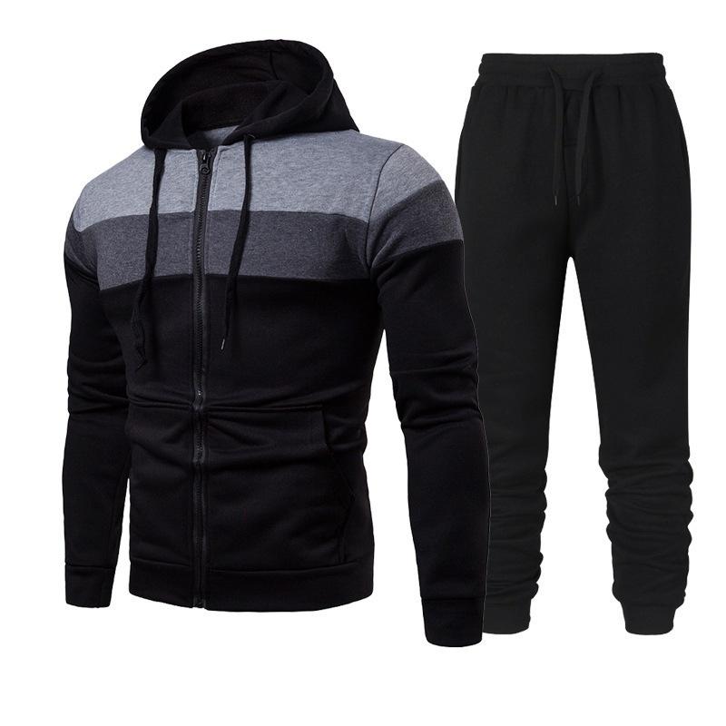 Spring and Autumn Men's Fashion Color Matching Splicing Suit Hooded Running Outdoor Sports Suit Men's Sweater