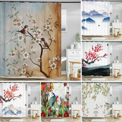 Impression 3D Fleur Chinoise Oiseau Encre paysage Rideau de Douche Salle de Bain Imperméable Rideau de Bain Avec Crochets Décor en Tissu Lavable