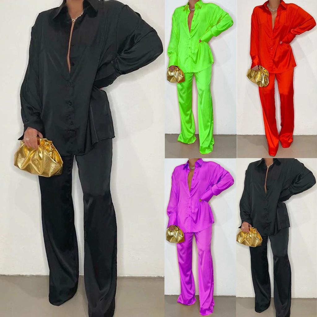 Satin-Simulationsseide, modisches Damen-Set mit lockerer Hemdhose und gerader Hose