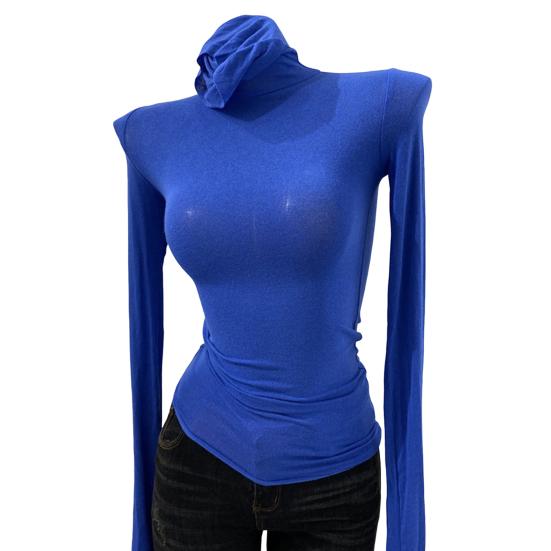 Women Tops High Collar Long Sleeve Slim Base Shirt Solid Color Elastic Shirt Autumn Winter Base Tops