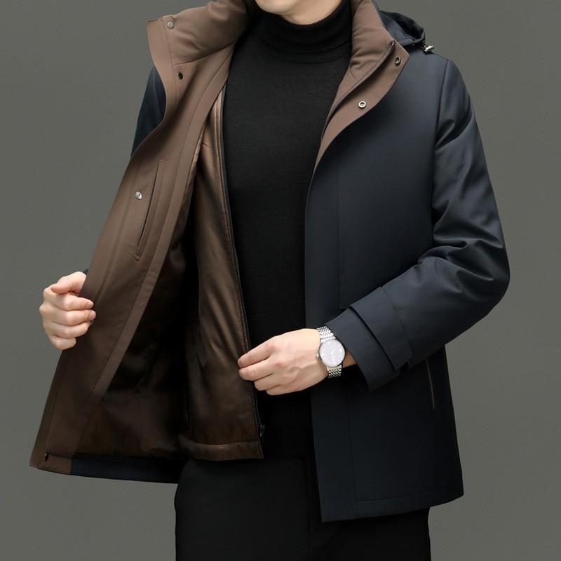 Mens Detachable Real Rabbit Fur Lined Parka Winter Thick Warm Coat Middle-Aged Men Casual Loose Fit