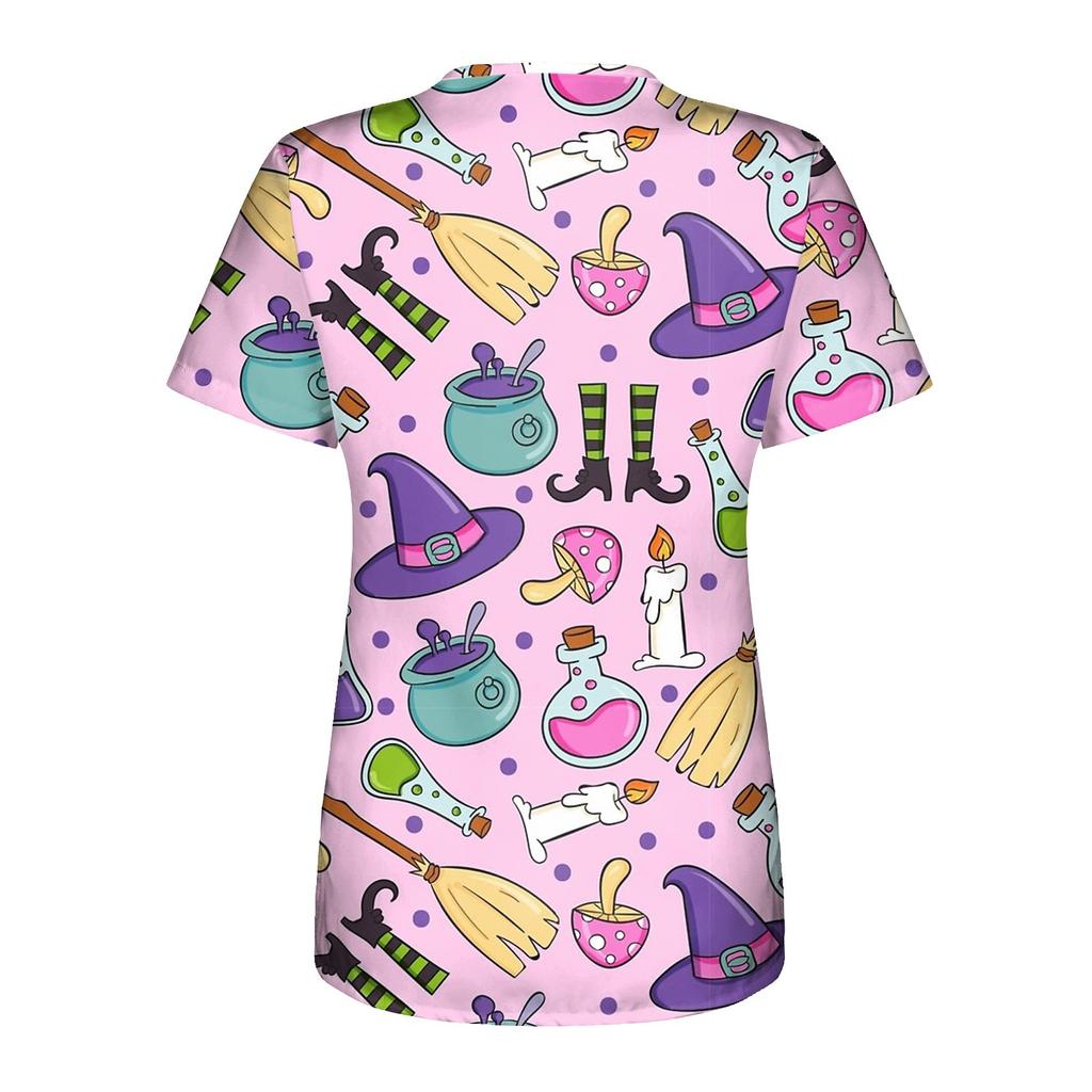 Women Short Sleeve V Neck Medical Scrub Top Halloween Pattern Printed Lightweight Breathable Nurse Workwear Uniform Shirt