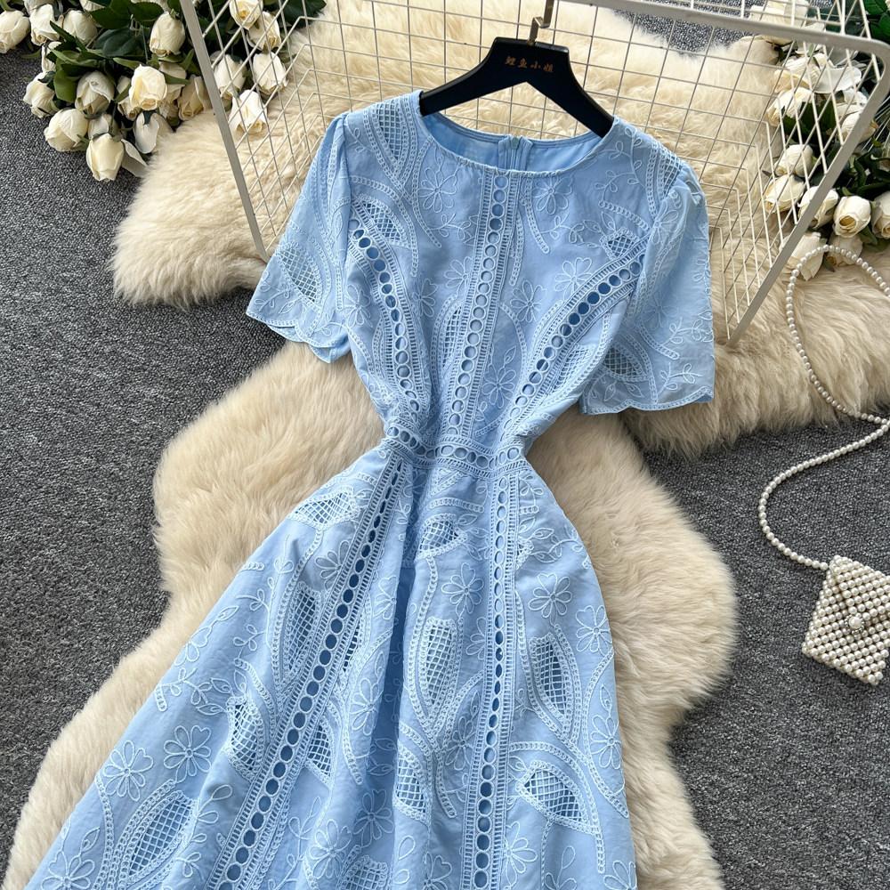 Elegant Summer Midi Dress for Women O-Neck High Waist Solid Spliced Lace with Embroidered Flowers Long Dress New Fashion