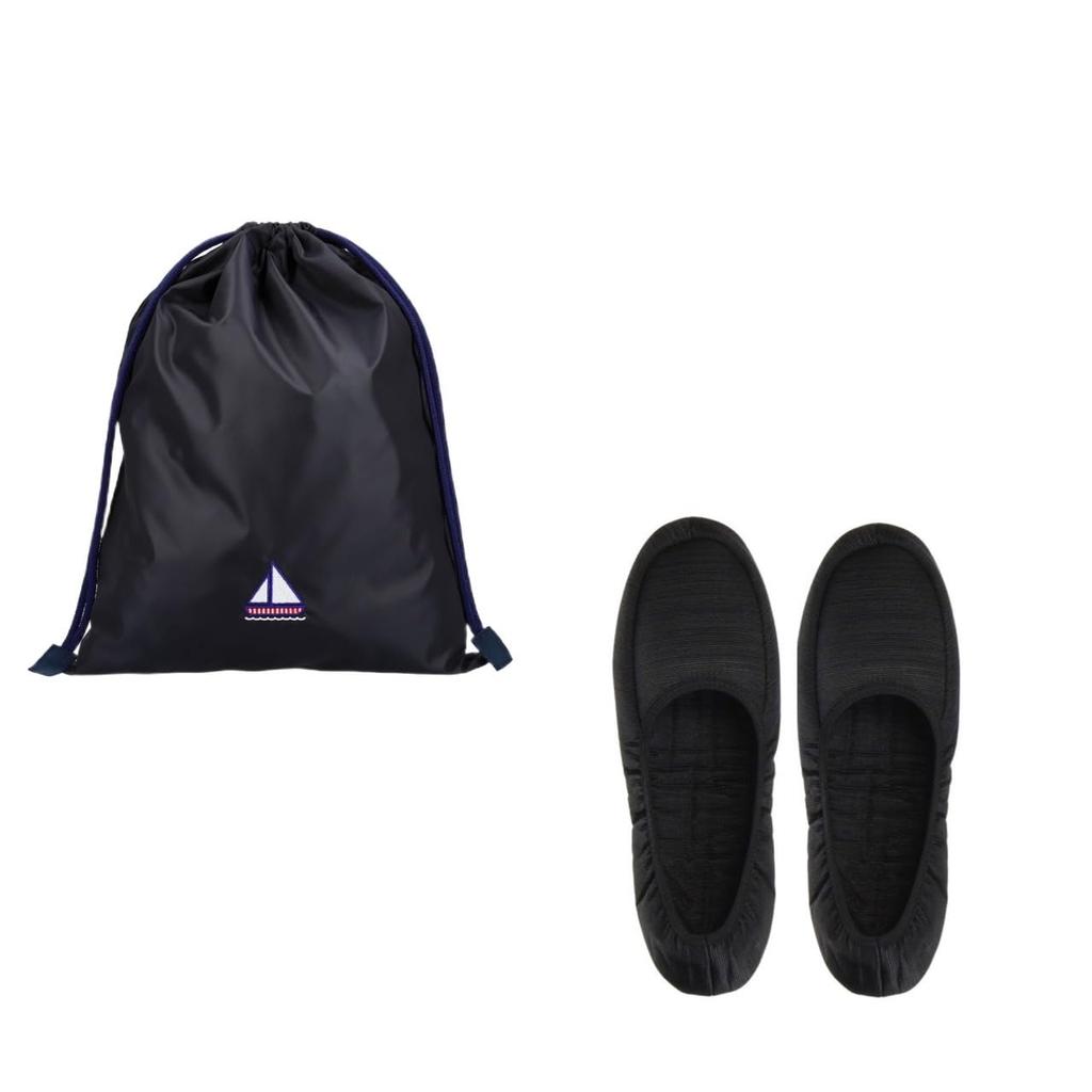 Angel Smile Royal School Grosgrain Portable Slippers Large Yacht Pattern Embroidered Navy Drawstring Bag Set RSSL2023002 Large (Solid Black) & (Large)