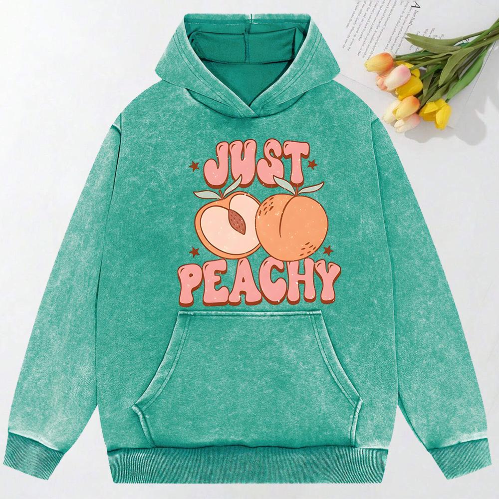 Just Peach Illustration Printed Female Washed Streetwear Pullovers Cotton Sportswears Casual Pocket Hoody