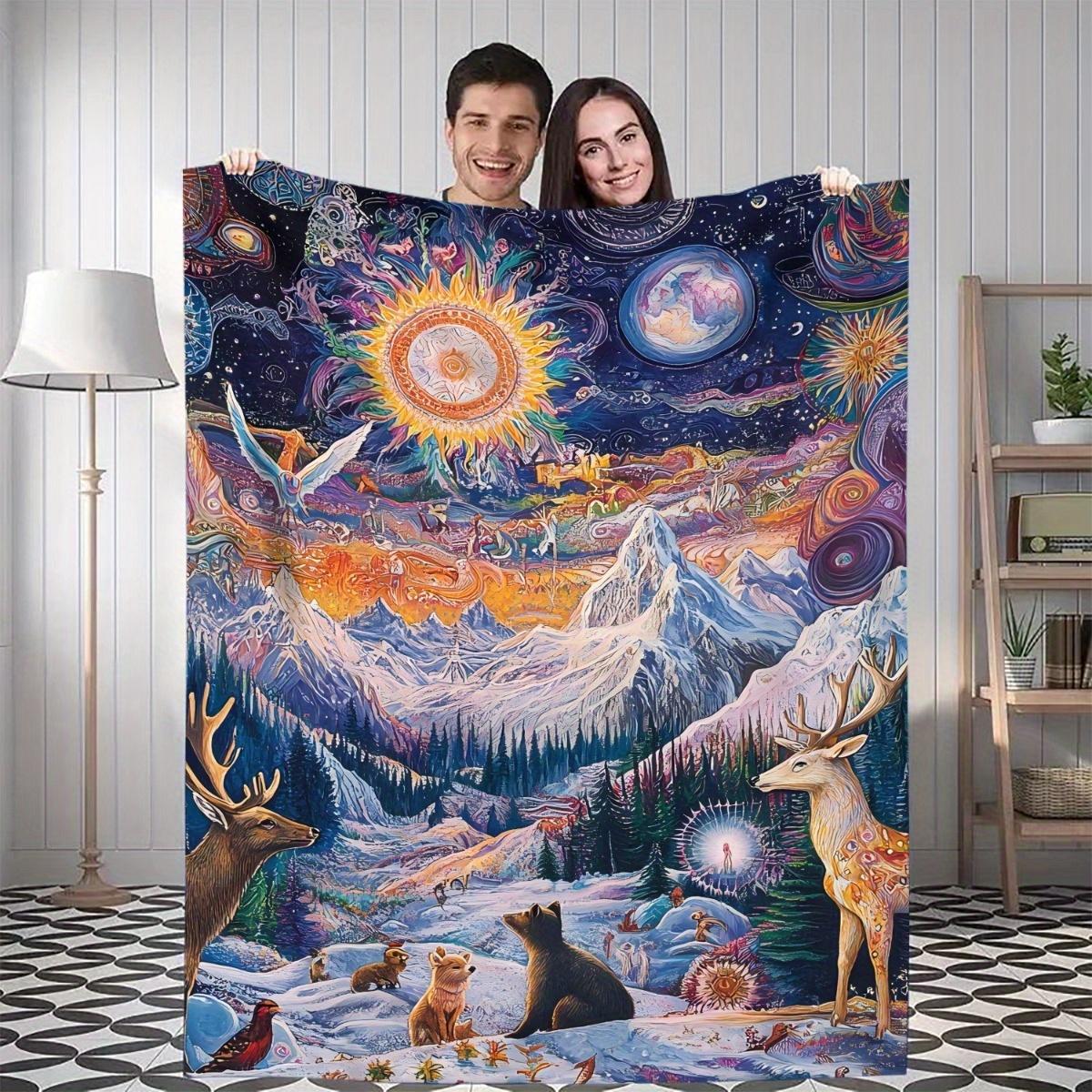 1pc Fantasy Forest Throw Blanket - Soft Flannel All-Season Warmth, Magical Forest with Deer, Bears, Dragons - Lightweight for 75x90cm28x35in