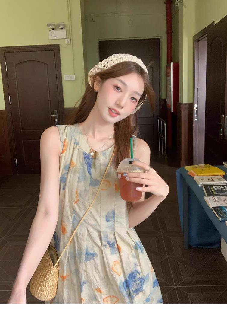 Ink painting vest dress niche design sense spring and summer new retro literary temperament new national style long dress