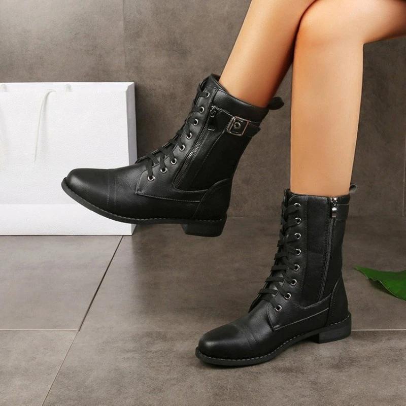 Retro Women's Boots Round Toe Womens Mid Calf Boots Large Size Zip Motorcycle Boots Low Heel Women Shoes Trend New