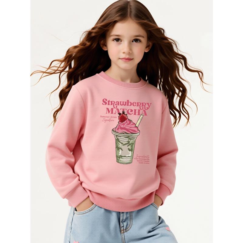 European Sizes Girls' Long-Sleeve Round Neck Sweatshirt "Strawberry Matcha" Print, Spring/Autumn, Casual, Daily & Sports.