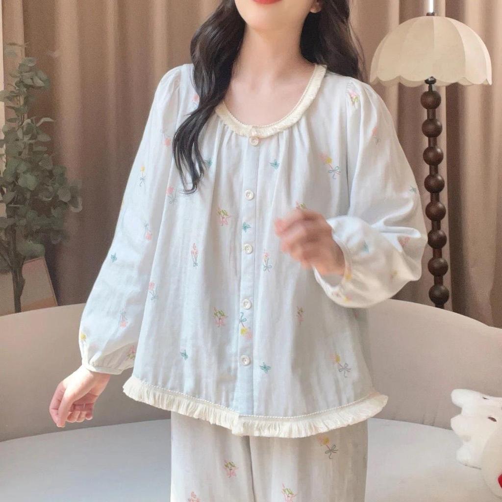 2026 Women's Double Long Cloud Cotton Pajama Set, Spring/Autumn Cardigan Style with Lace, Sweet Solid Color Home Wear