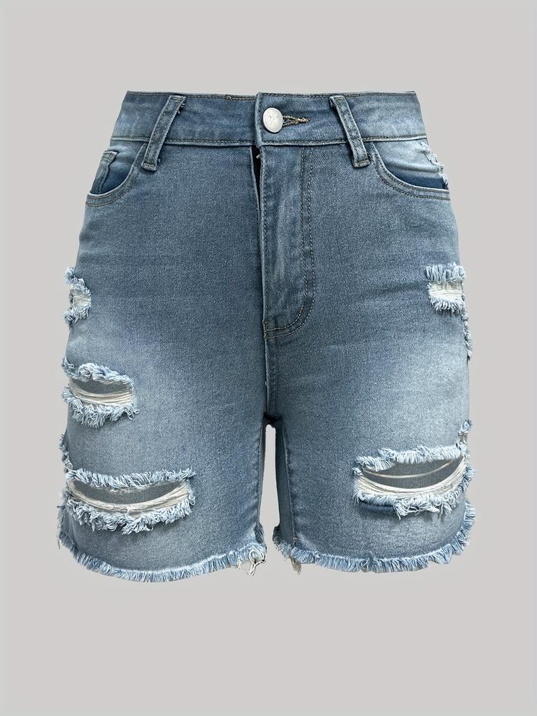 Ripped Raw Hem Denim Shorts, Distressed Washed Blue Denim Shorts, Women's Denim Jeans & Clothing