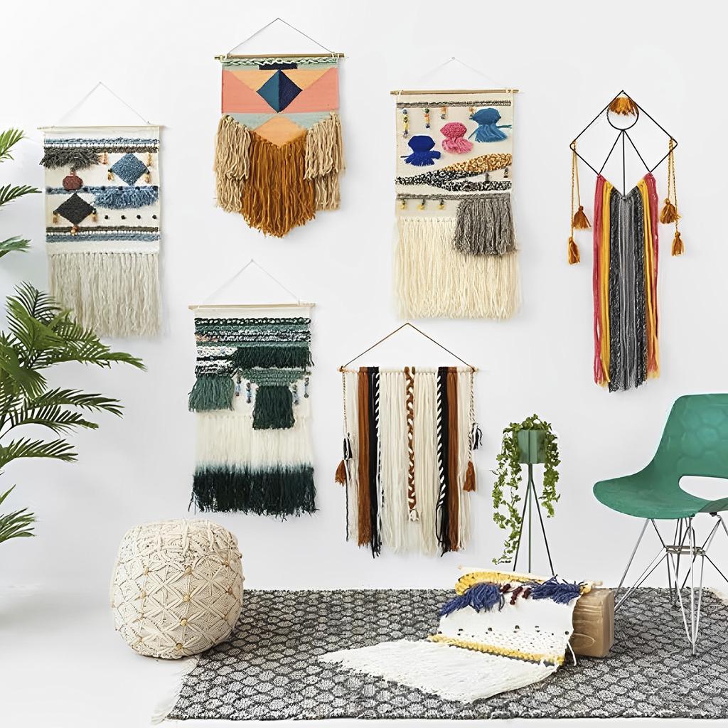 Wooden Weaving Loom Kit Frame with 3 Colors Yarns Wooden Comb Winder Hand Weaving Loom Earthy Beginner Tapestry Kit