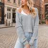 Ladies Autumn Winter Long Sleeve V Neck Solid Color  Pullover Knitted Sweater Knitwear Top