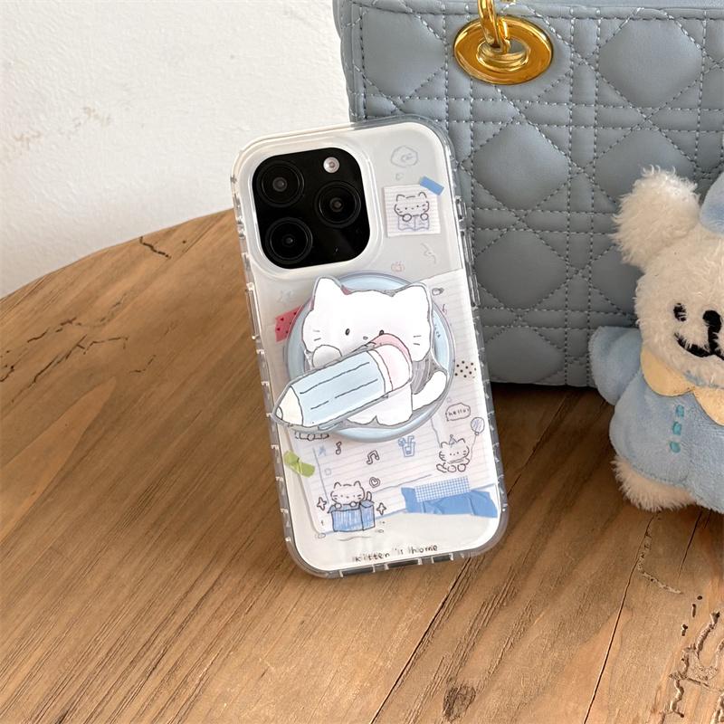 Korean Cute Cat Stand Holder For iPhone 16 Pro 14 13 15 Pro Max Magnetic Phone Case with Bracket For Magsafe Shockproof Cover