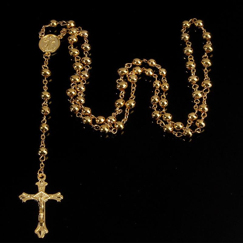 Gold-Plated 6mm Imitation Bead Rosary Necklace with Exquisite Pendant