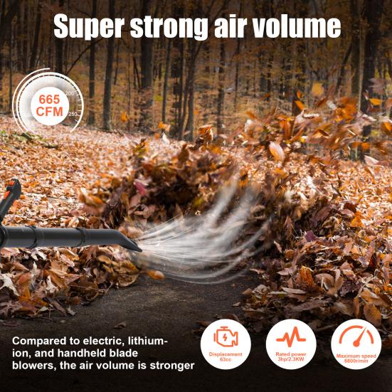 Leaf Blower, 63CC Gas Powered Backpack Leaf Blower, 665CFM 2-Stroke Snow Blower for Lawn Care Yard Dust Debris