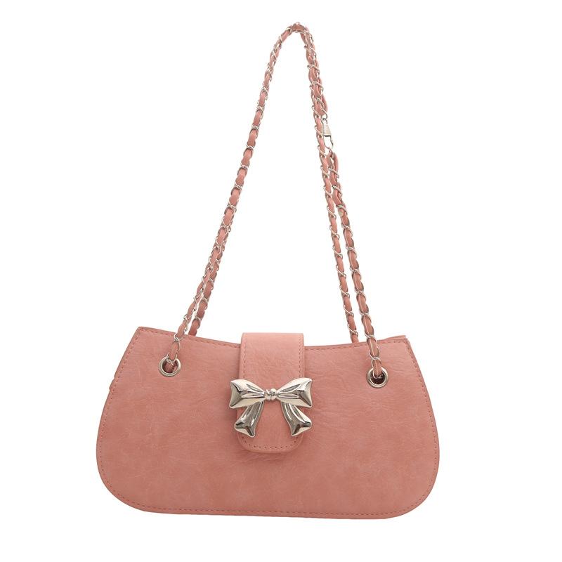 

Літературна приміська свіжа жіноча маленька сумка на ланцюжку з бантом 2024, нова текстура, популярна сумка через плече рожевий