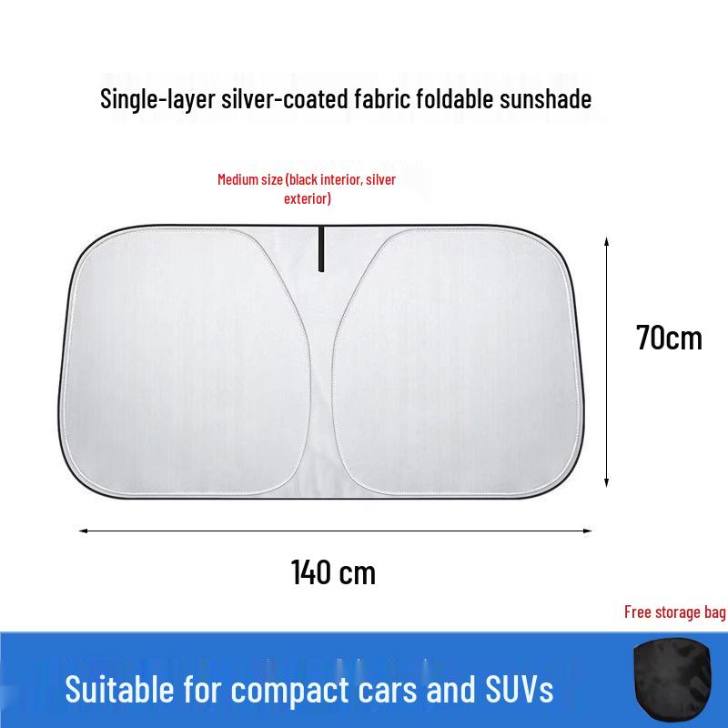 Foldable Car Sunshade: Heat Insulation Sunblock Curtain for Windshield and Windows. Silver Coated Cloth Small Sedan 140*70