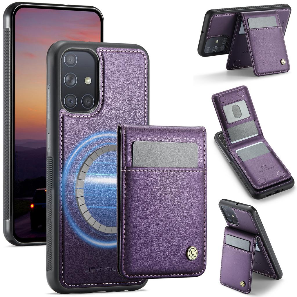 For Samsung Galaxy A51 4G SM-A515 Leather Back Cover Compatible with MagSafe JEEHOOD J06 Phone Case with Card Bag RFID Blocking