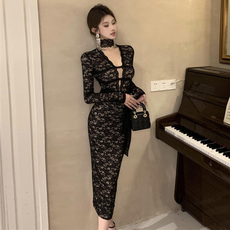 Women's temperament V-neck lace-up slim lace long-sleeved dress