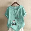 Women's New Fashion Linen Shirt Round Neck Short Sleeve Boy Printed T-shirt Summer Ladies Casual Plus Size Blouse Tops