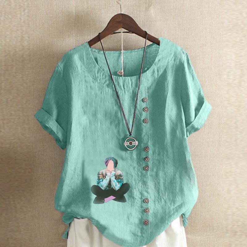 Women's New Fashion Linen Shirt Round Neck Short Sleeve Boy Printed T-shirt Summer Ladies Casual Plus Size Blouse Tops