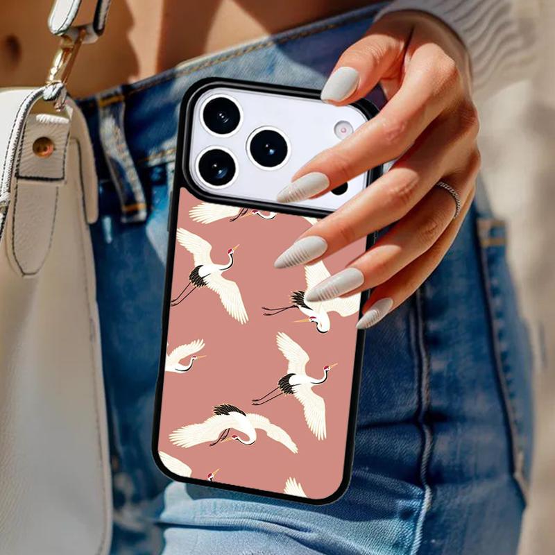 Japanese Style Crane Cherry Phone Case For iPhone 17 Air 14 15 13 12 Max Cover For Apple 14 15 16 16e 11 Pro Max Plus