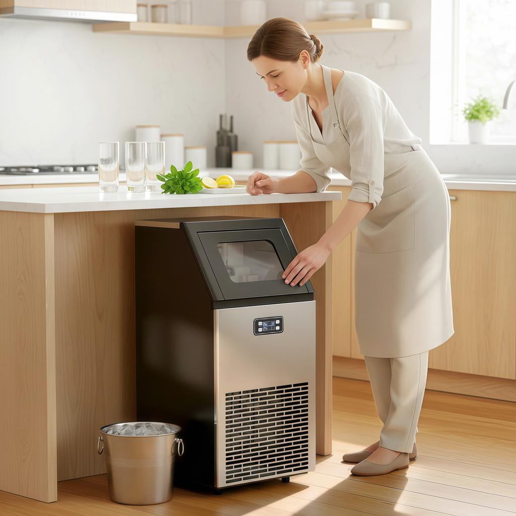Commercial Ice Maker Machine, Freestanding Stainless Steel Ice Machine with Self-Cleaning, LCD Display, 45kg/24 Hours and 11kg Storage for Home