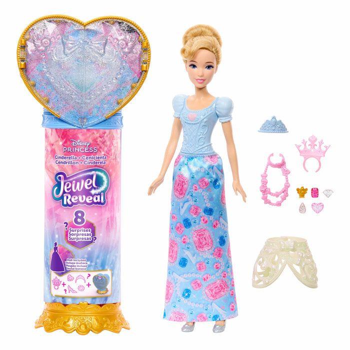 Poupée Jewel Reveal Cendrillon, Accessoires avec 8 surprises, 1 boîte a bijoux en forme de coeur, 1 bague pour enfant et 9 éléments,