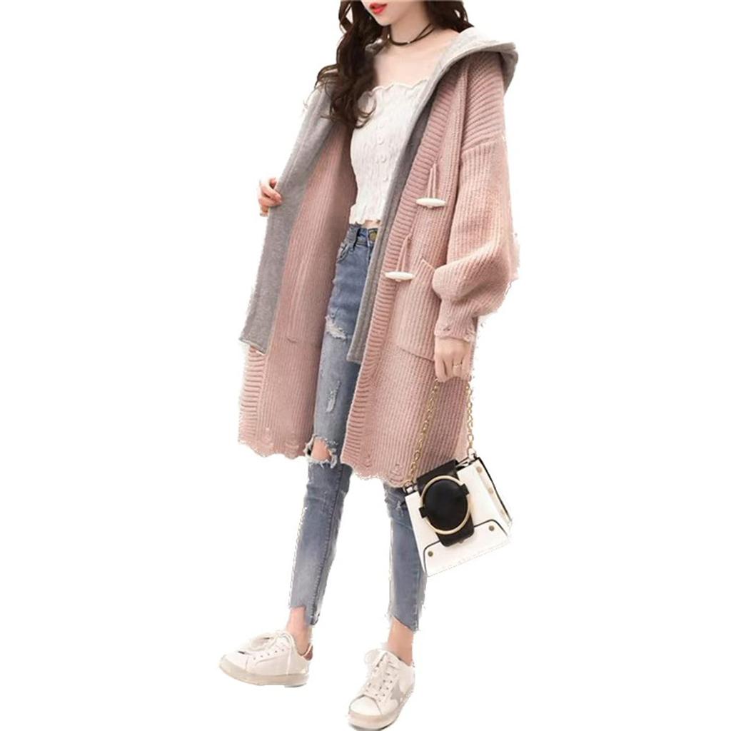 Village Hooded Knit Outerwear Loose D128 H&T Women's Cardigan, Jacket, Stylish, Elegant, Casual, Fit, Oversized, Popular, Warm, Autumn/Winter, (L,