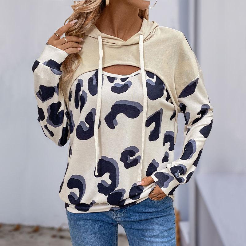 2025 Loose Leopard Print Two-Piece Style Hollow Out Hooded Sweatshirt