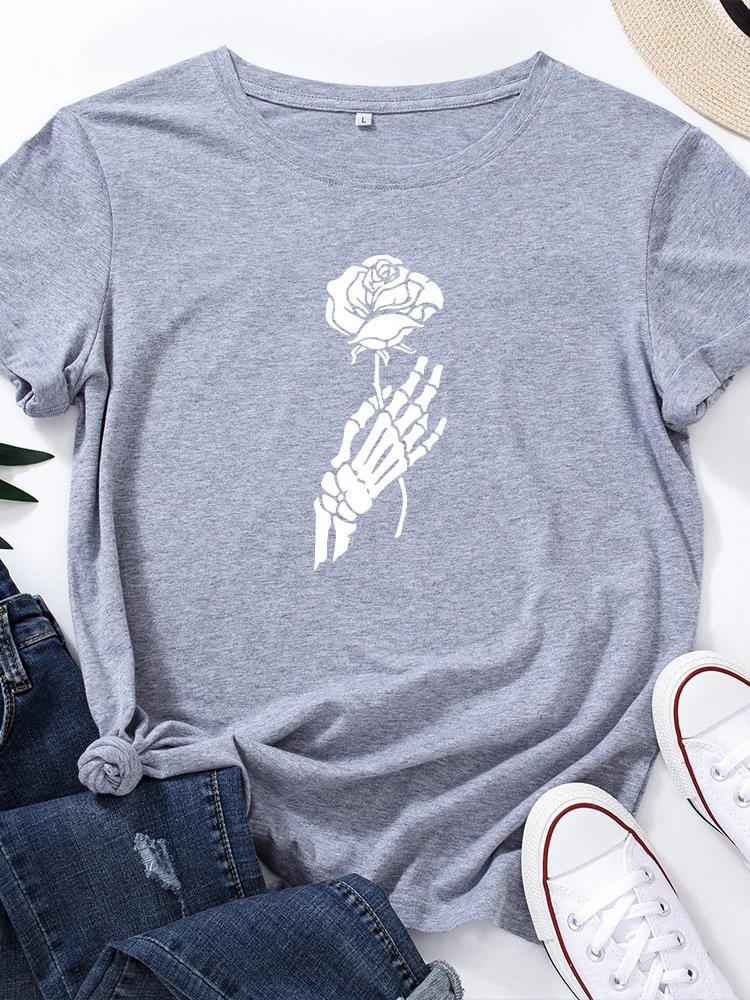 Dámské tričko s potiskem lebky, ruky a růže, s krátkým rukávem, s kulatým výstřihem, volné, letní, dámské, ležérní, topy, camisetas mujer