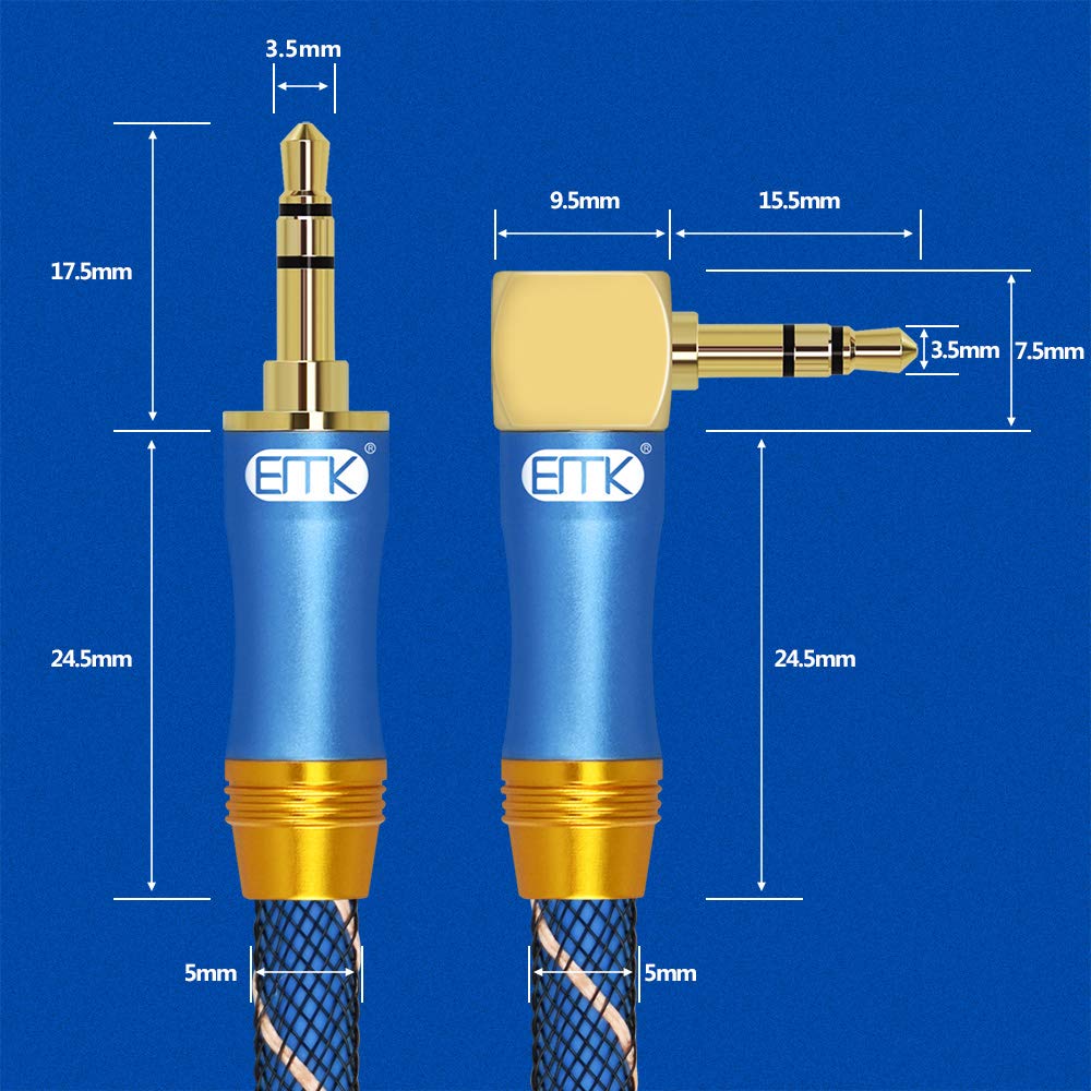 EMK AUX Cable L Shape Audio Cable Stereo Mini Plug Audio Cable for Home Blue 3.5mm Smartphones, Tablets, Computers, Cars, Theater, etc. - (1M)