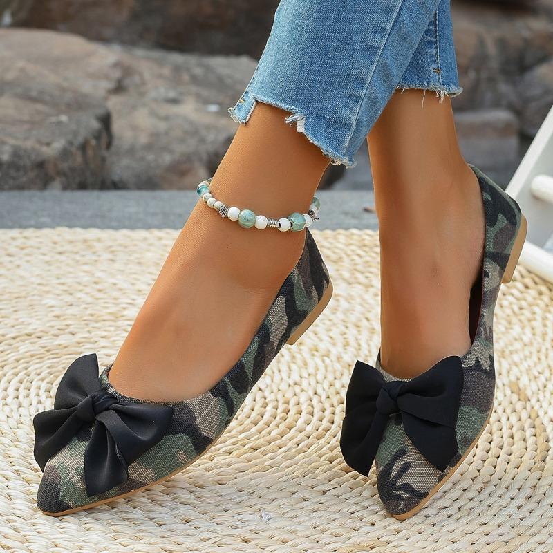 Fashion Autumn New Flat Single Shoes Women's Fashion Pointed Head Shallow Mouth Camouflage Cloth Butterfly Knot Low Top Shoes