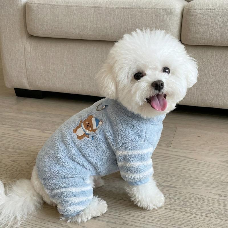 Cartoon Patch Maltese Cotton Coat, Winter Four-Legged Dog Clothes, Striped Warm Jumpsuit for Small & Medium Dogs, Pet Outfit wit
