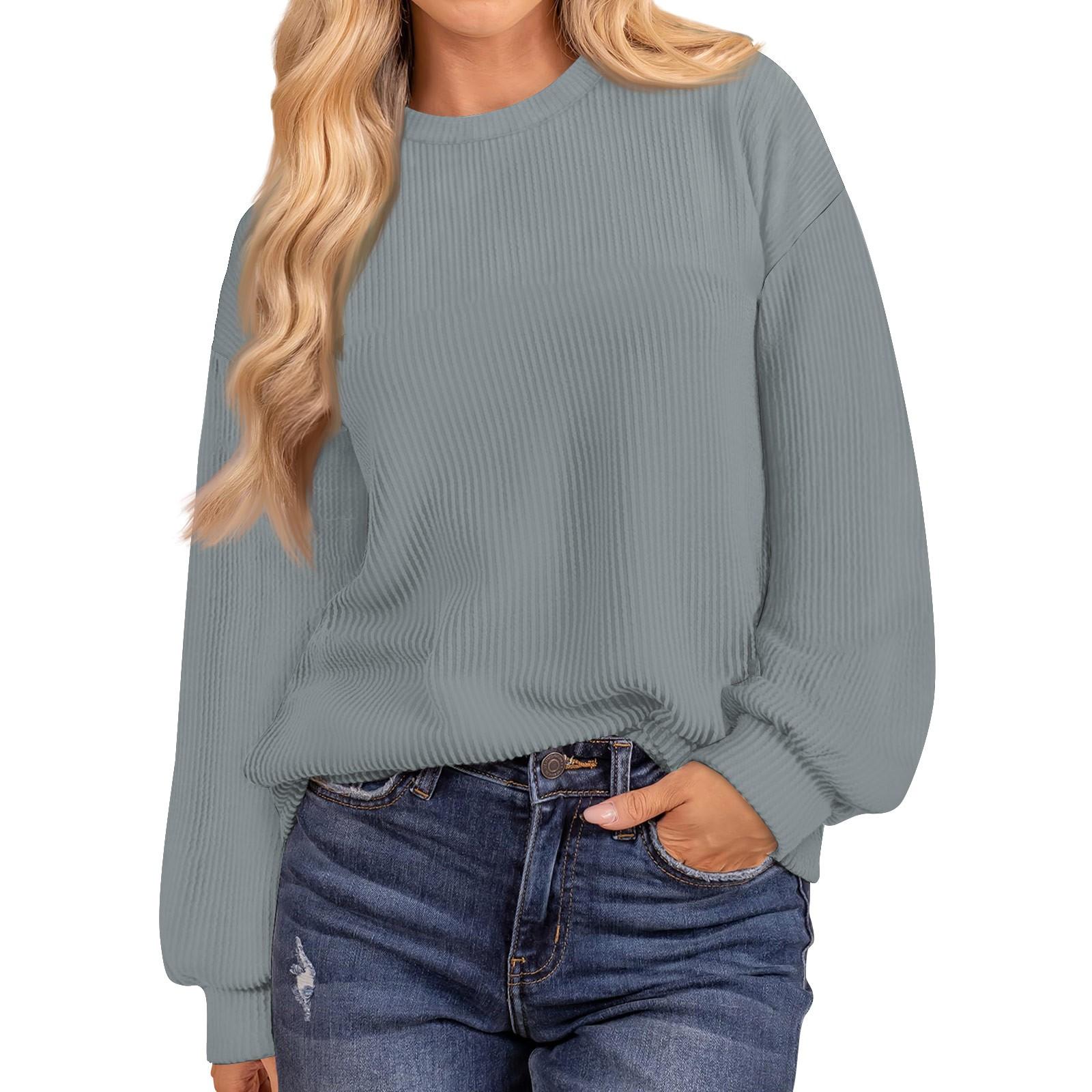 

Женская мода однотонный нитка длинный рукав свободный круглый вырез пуловер топ L