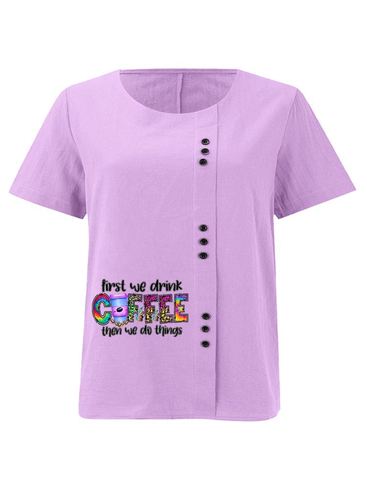 Women's Fashion Coffee Alphabet Print Printing Shot Sleeve T-shirt Loose Cotton Shirt Casual Loose Summer Plus Size Blouse Tops