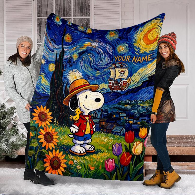 Custom Name Snoopy Flannel Fleece Blanket Cozy Warm Throw Blanket For Couch Bed Travel All Season Use