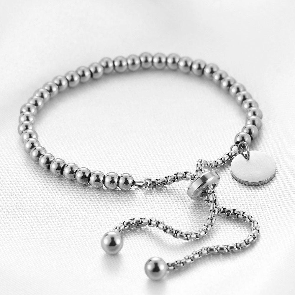 European-American Stainless Steel Adjustable Bracelet with 10MM Round Pendant and Beads - Engraved Simple Fashion Design.