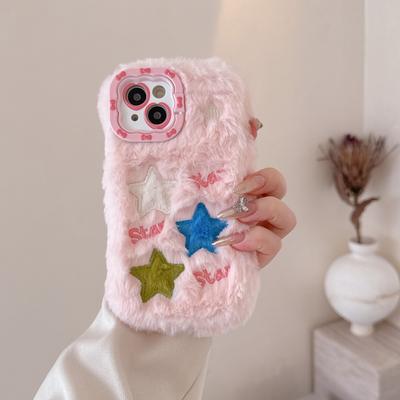 Fashion Personality Color Embroidery Star Plush Phone Case for Girls Autumn Winter Warm Phone Case for iPhone 16 Pro Max