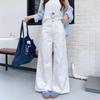 Flower Embroidered Denim Wide-legged Trousers Women's Autumn Temperament Coloured High Waisted Small Person Drape Straight Long Trousers Denim Pants