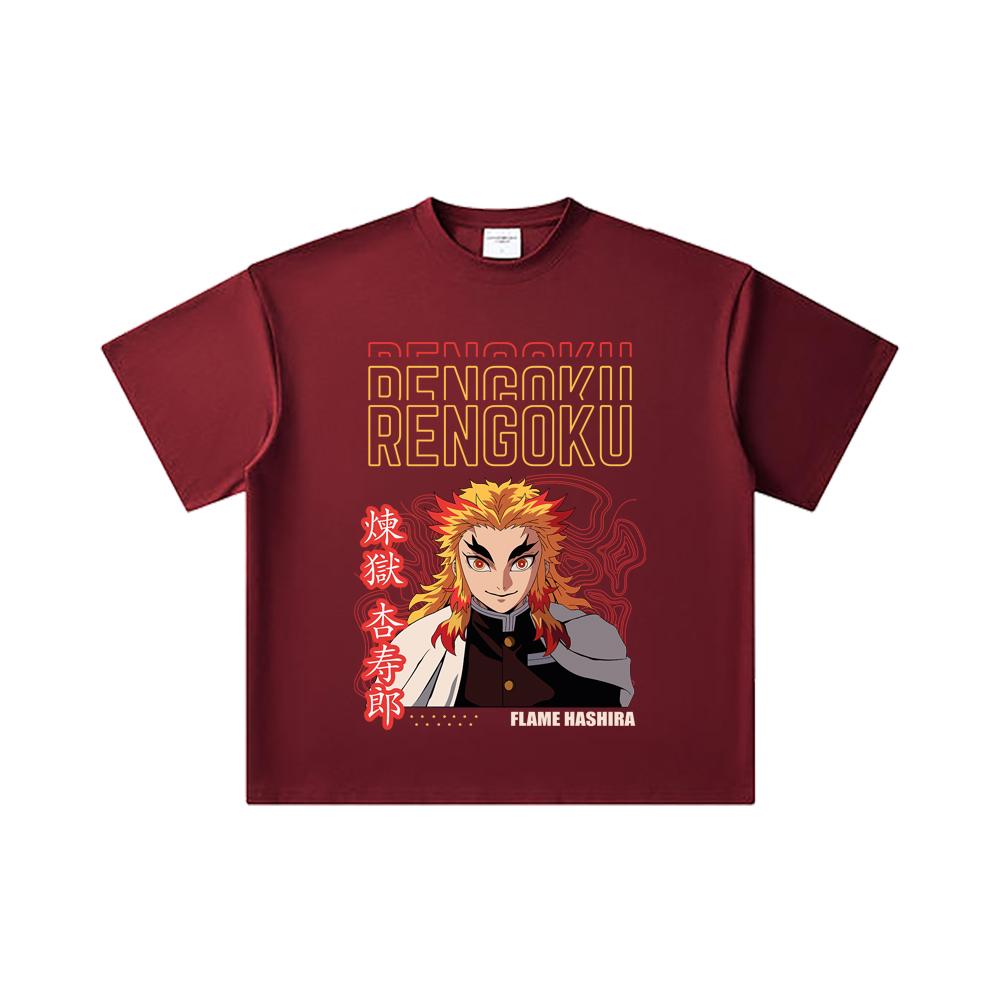 260 GSM Double Yarn 32 Count 100% Cotton Demon Slayer V117 Rengoku Print Unisex Heavy Cotton T Shirt