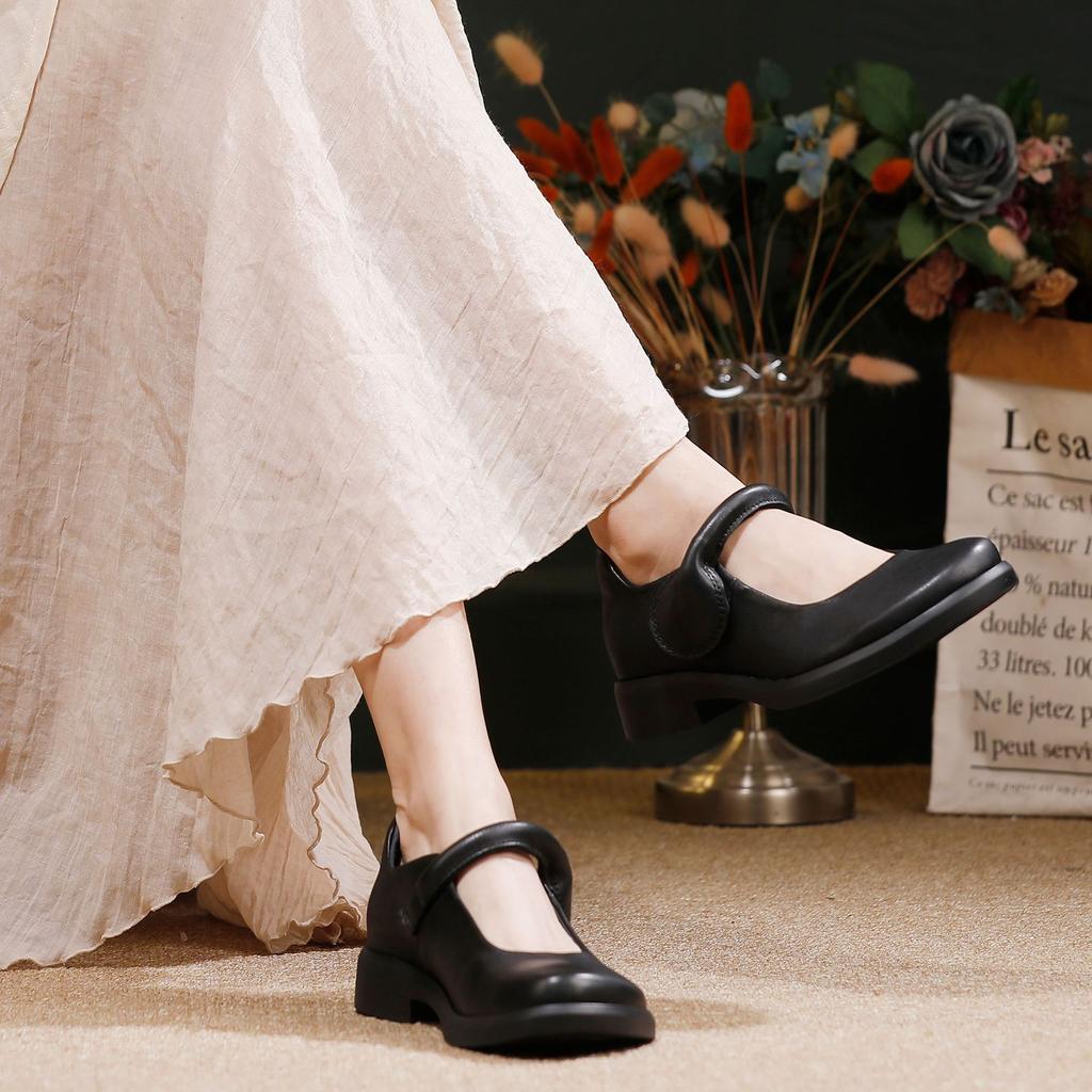 Johnature Retro Genuine Leather Women's Shoes Soft Soled Comfortable All Season Mid Heel Pumps