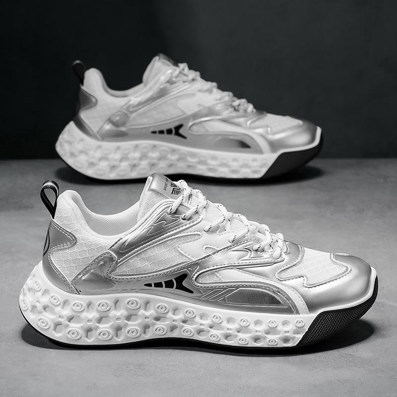 

Новые модные мужские кроссовки Four Seasons с толстой подошвой для студентов и мальчиков, трендовые кроссовки с мягкой подошвой, дышащие, повседневные кроссовки для бега 44 белый/серебряный