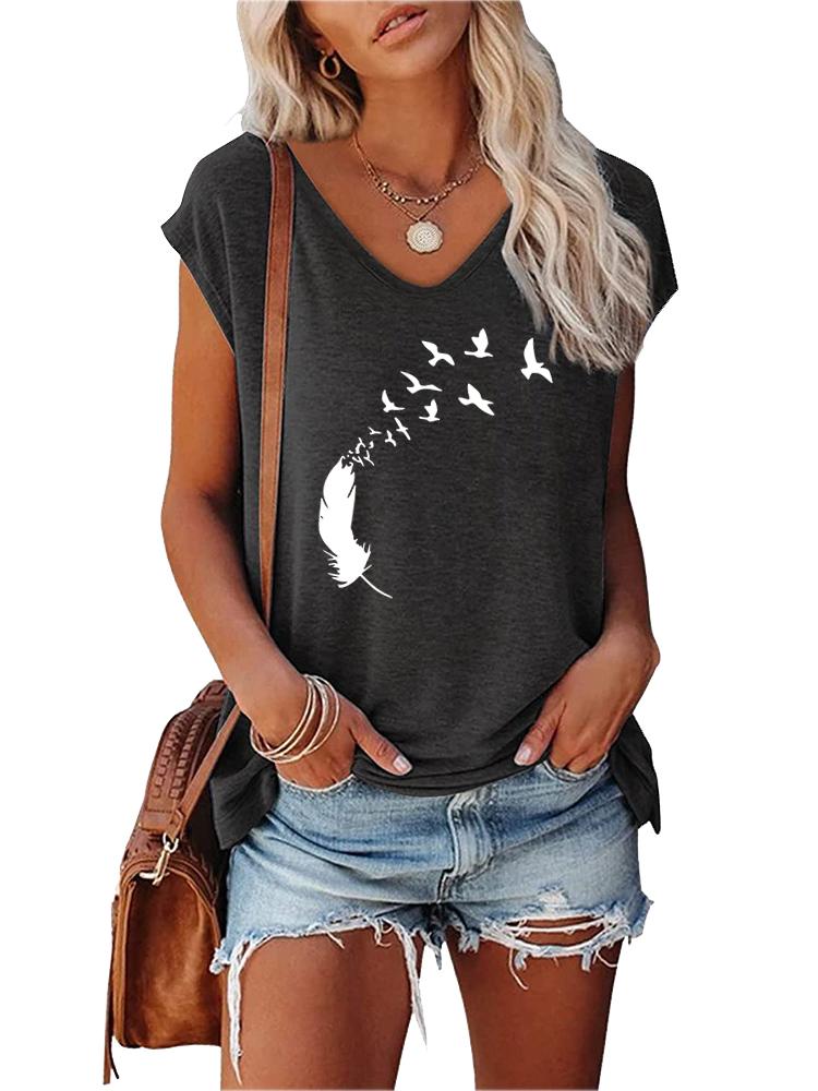 Women Print T-shirt Summer Fashion V Neck Short Sleeve Top Ladies Casual Tee Shirt