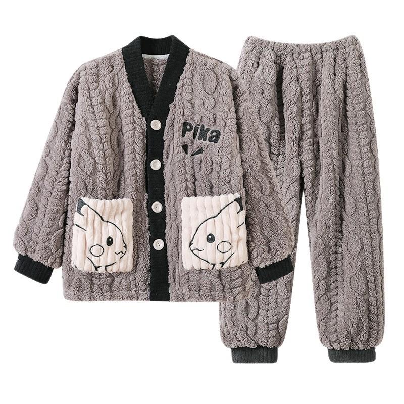 Boys Winter Coral Fleece Pajama Set Cartoon Animal Print Warm Thick Long Sleeve V-Neck Sleepwear Kids 8-14 Years