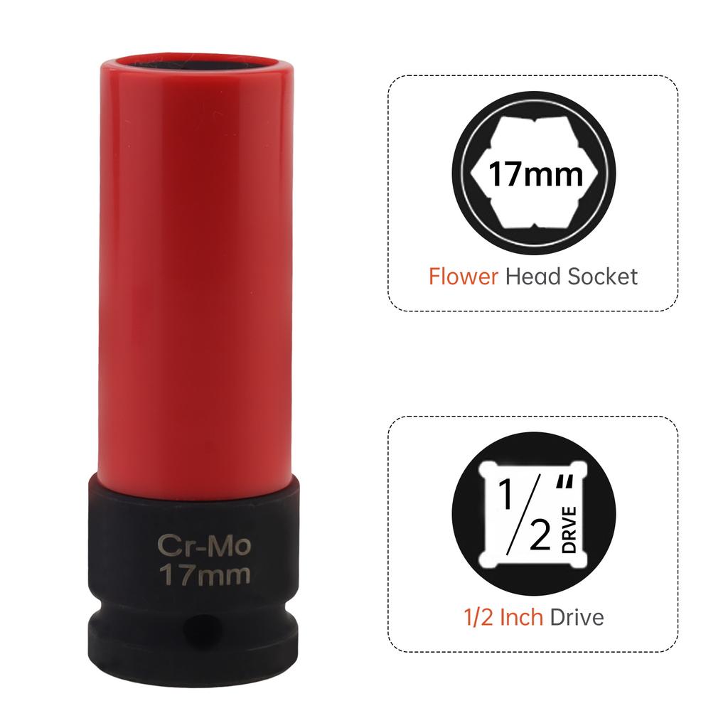 17mm 1/2 Inch Drive Chromium Molybdenum Steel Lug Nut Remover Socket Anti-Theft Smart Cover