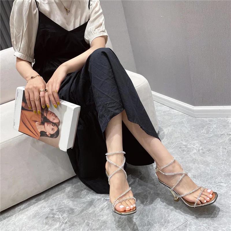 Fashion 2025 11CM High Heels PVC Transparent Crystal Women Sandals Summer Fashion Silver Rhinestone Sexy Square Toe Party Pumps
