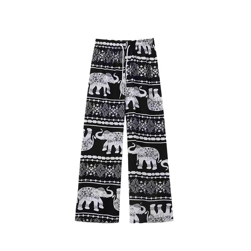 Südostasiatischer Ethno-Stil Damen Thai Elefant Weitbein Strandhose, Hohe Taille Schlankmachende Gerade Bein Sommerhose.